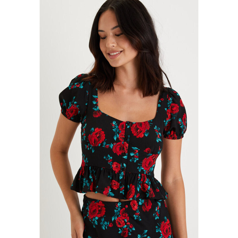 Lulus Remarkable Perfection Black Floral Puff Sleeve Peplum Top - Size M